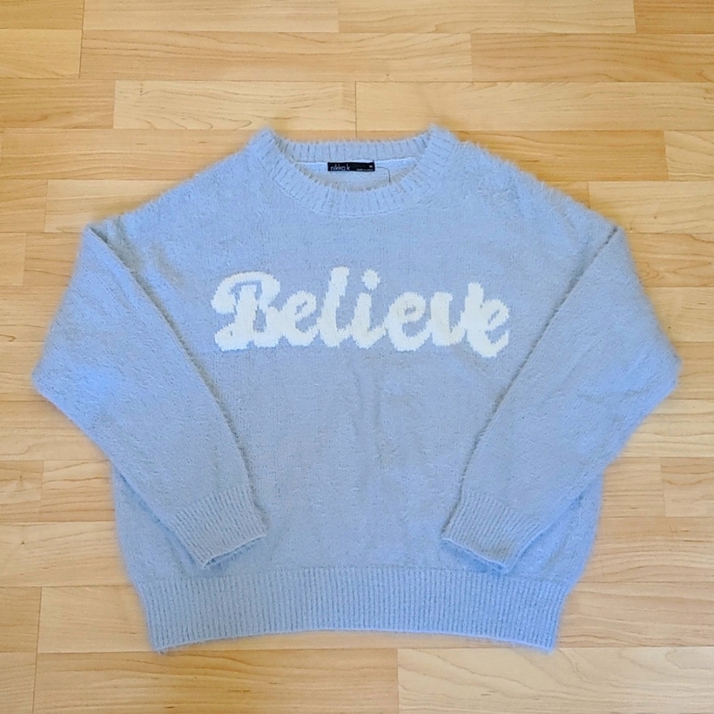 Nikkak Light Blue Round Neck Sweater Believe Logo  Size M